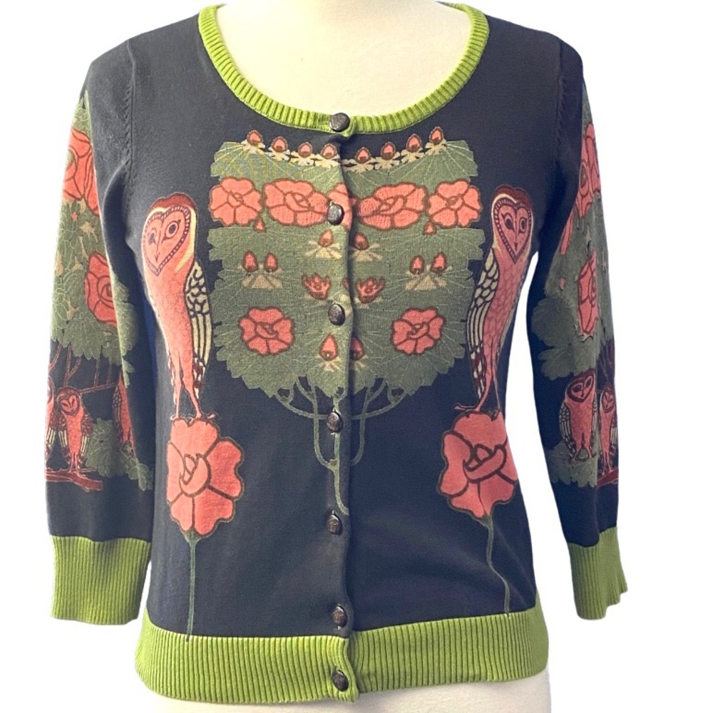 AnthropoloKnitted Dove Owl Floral Button Front Cardigan Sweater 100% Cotton RARE